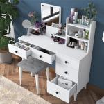 Vanity Makeup Table Set with Mirror and Stool – White, 5 Drawers, Shelves, and Jewelry Organizer