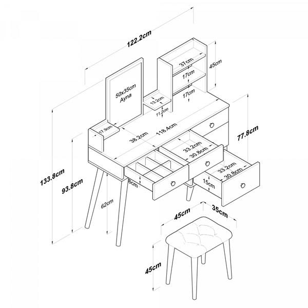 Vanity Makeup Table Set with Mirror and Stool – White, 5 Drawers, Shelves, and Jewelry Organizer