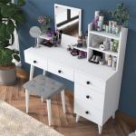 Vanity Makeup Table Set with Mirror and Stool – White, 5 Drawers, Shelves, and Jewelry Organizer