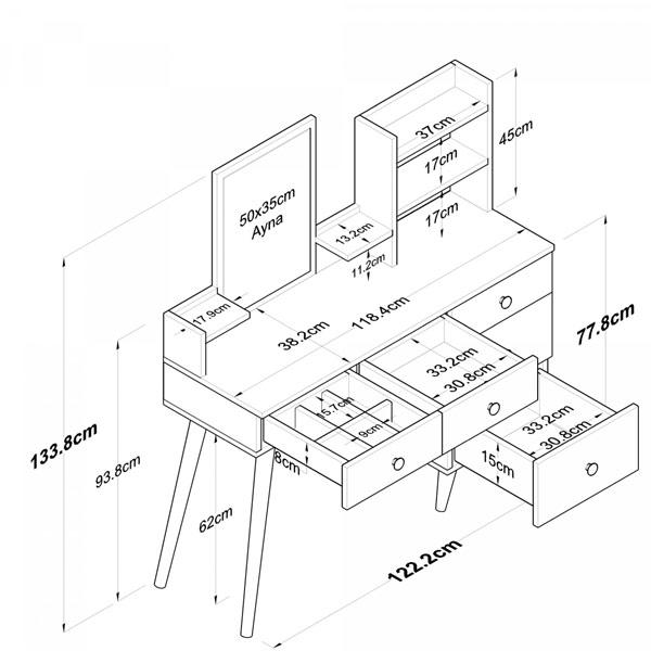 Vanity Makeup Table with Mirror – White, 5 Drawers, Shelves, and Jewelry Organizer