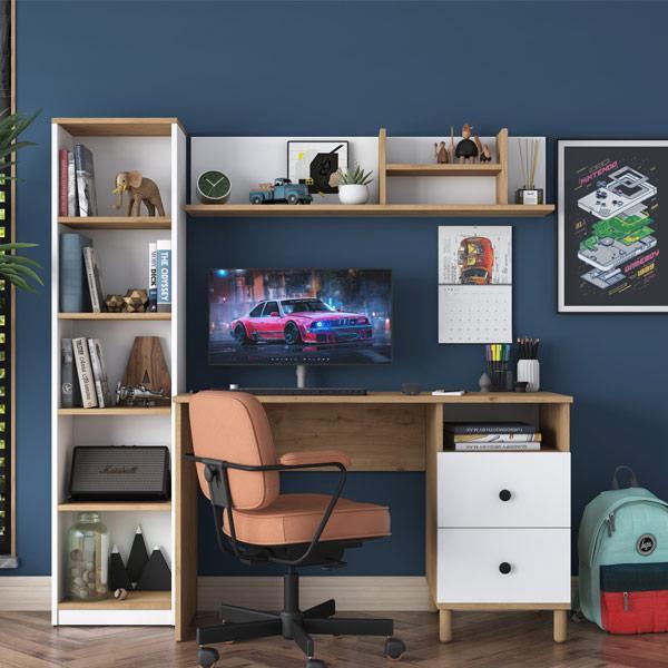 Drawer and Shelved Study Office Computer Desk in Basket Walnut - White