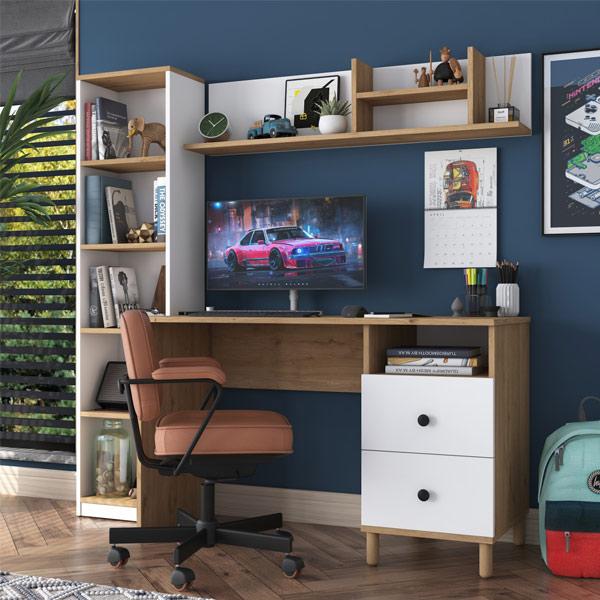 Drawer and Shelved Study Office Computer Desk in Basket Walnut - White