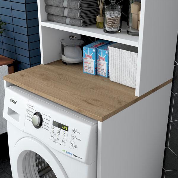 Washing Machine Cabinet with 3 Shelves – White Bathroom Storage Cabinet with Doors, Basket Walnut Finish