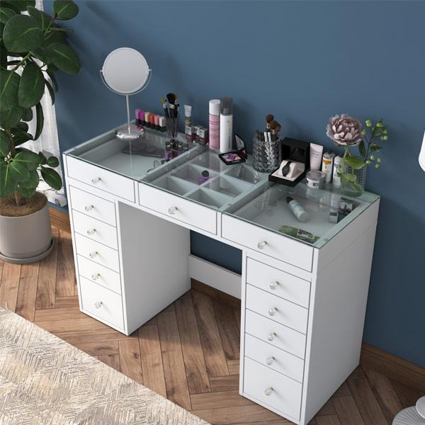 Makeup Vanity Table with 13 Drawers and Glass Top Jewelry Organizer - White