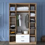 Spacious Wardrobe Closet – 4 Doors, 2 Drawers, 13 Shelves, 1 Hanging Rod, Walnut & White