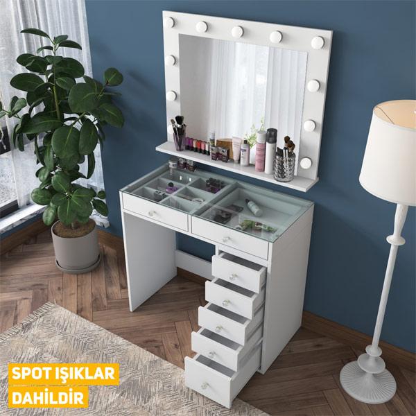 Hollywood Lighted Mirror Vanity Makeup Table with Glass Top Jewelry Organizer - White