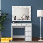 Hollywood Lighted Mirror Vanity Makeup Table with Glass Top Jewelry Organizer - White