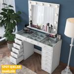 Hollywood Lighted Mirror Vanity Dressing Table with Glass Top Jewelry Organizer - White