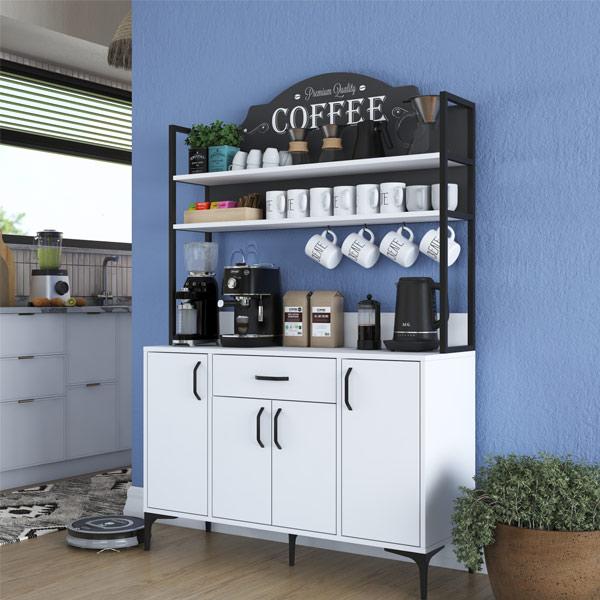 Coffee Corner Multi-Purpose Cabinet 4 Doors 1 Drawer Kitchen Storage Cabinet White