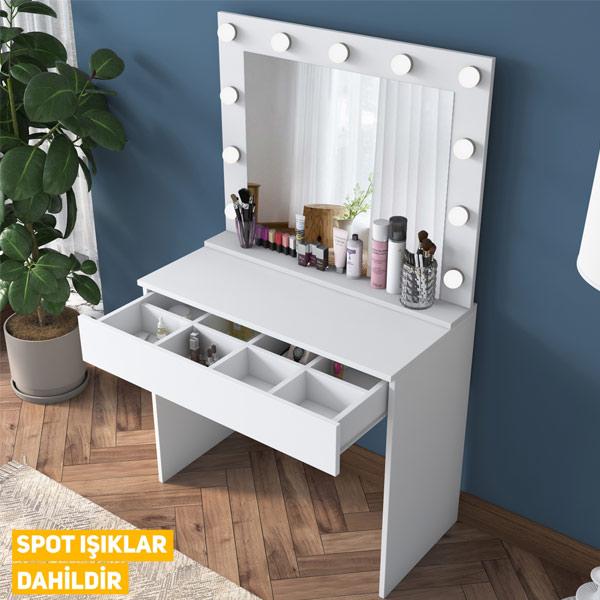 Hollywood Lighted Mirror Makeup Vanity Table Jewelry Organizer - White