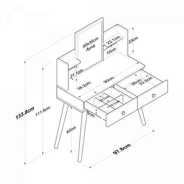 Vanity Makeup Table with Mirror – White, 2 Drawers, Shelves, and Jewelry Organizer