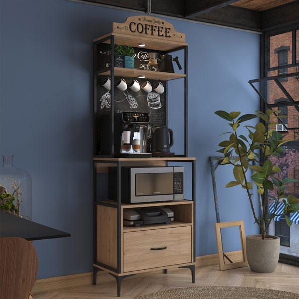 Lighted Coffee Corner Drawer Multifunctional Kitchen Cabinet Basket Walnut