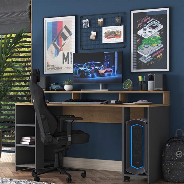 Shelved Gaming Computer Desk 160 cm Workstation - Basket Walnut & Anthracite